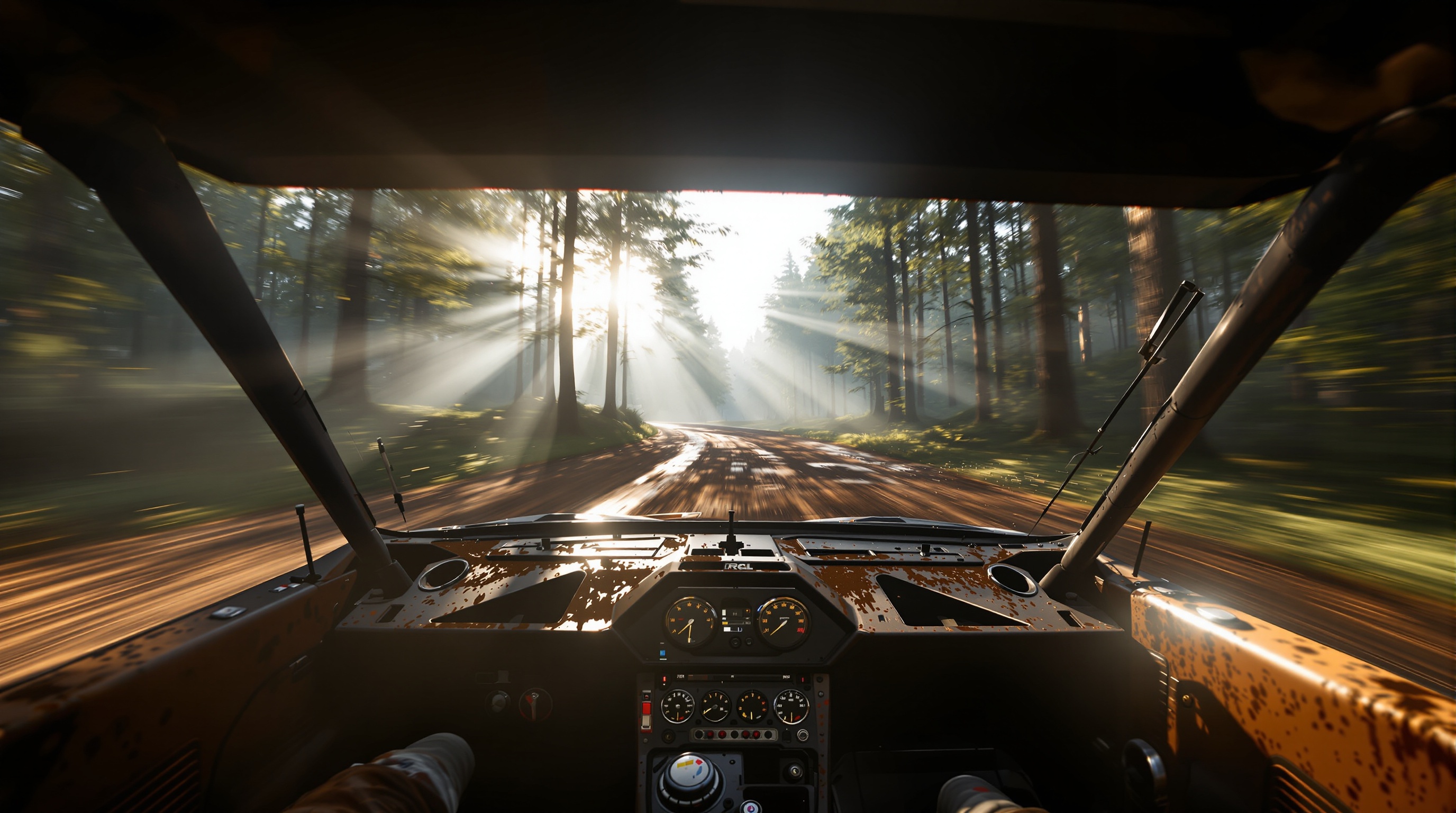 Vista interior de la cabina de un coche de rally en Dirt Rally 2.0 con alto detalle gráfico