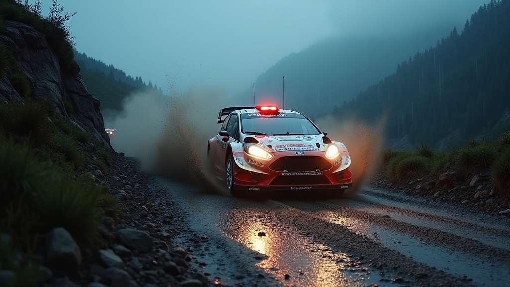 Coche de rally de DiRT Rally 2.0 derrapando en una curva cerrada con efectos de polvo realistas
