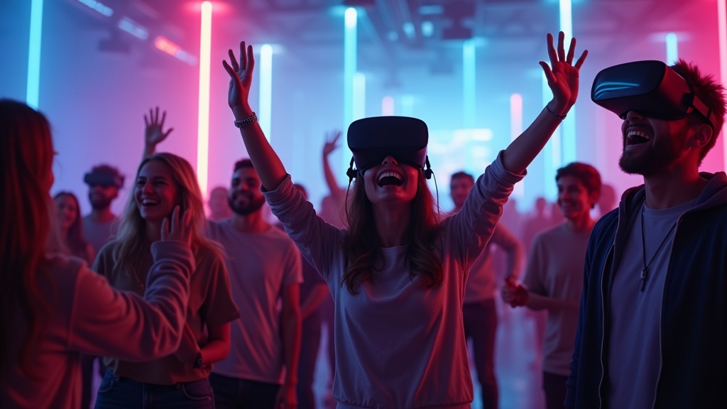 Grupo de amigos preparándose para una sesión inmersiva de realidad virtual en Barcelona