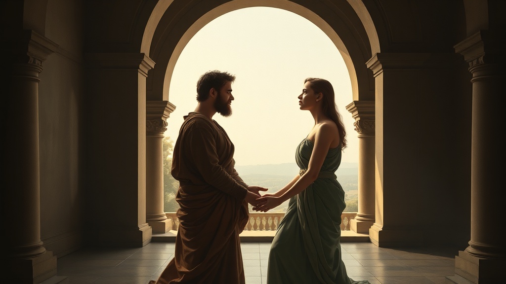 Allegorical scene of fractured companionship and care