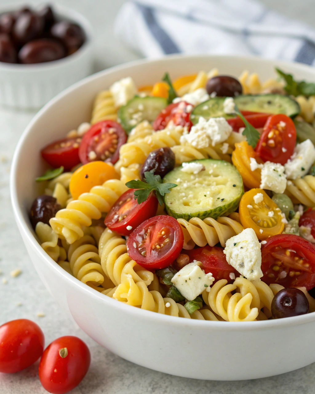 Fresh ingredients for Greek pasta salad including rotini pasta, cherry tomatoes, feta cheese, Kalamata olives, cucumber, red bell pepper, and fresh herbs arranged on a marble countertop