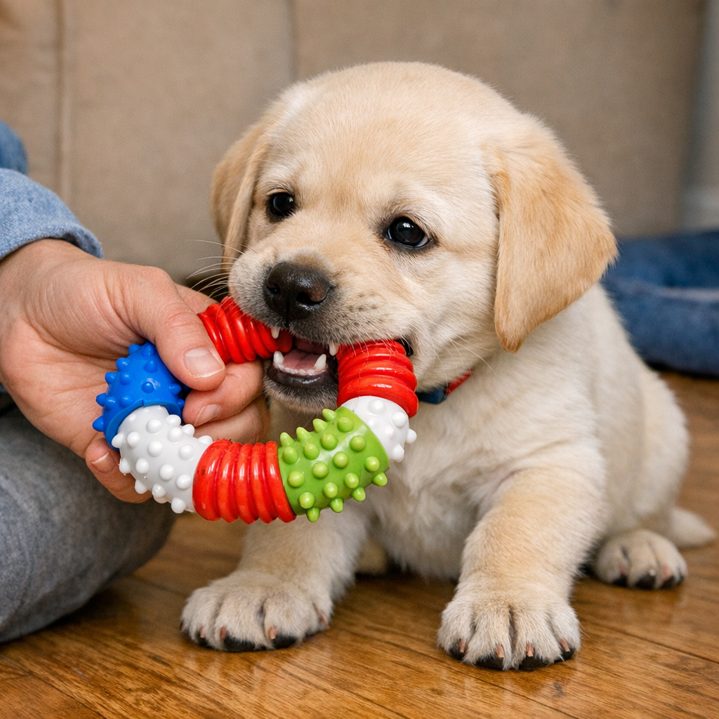 Photorealistic mid-shot of a person offering a colorful chew toy to a teething Labrador puppy on a hardwood floor, natural...