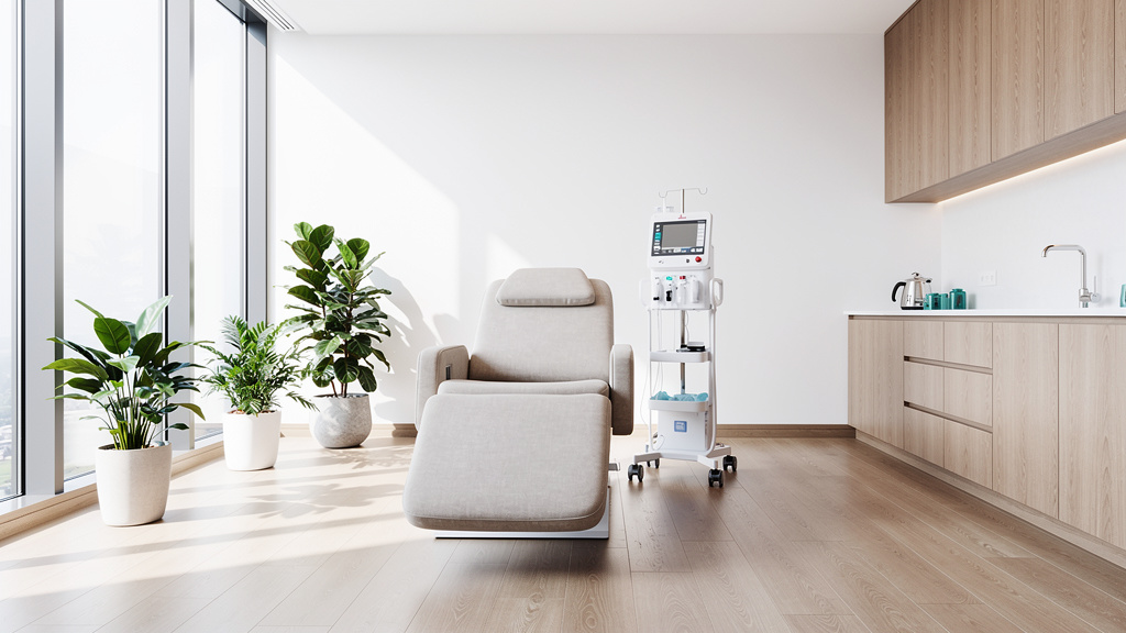 Modern wellness clinic treatment room for IV therapy