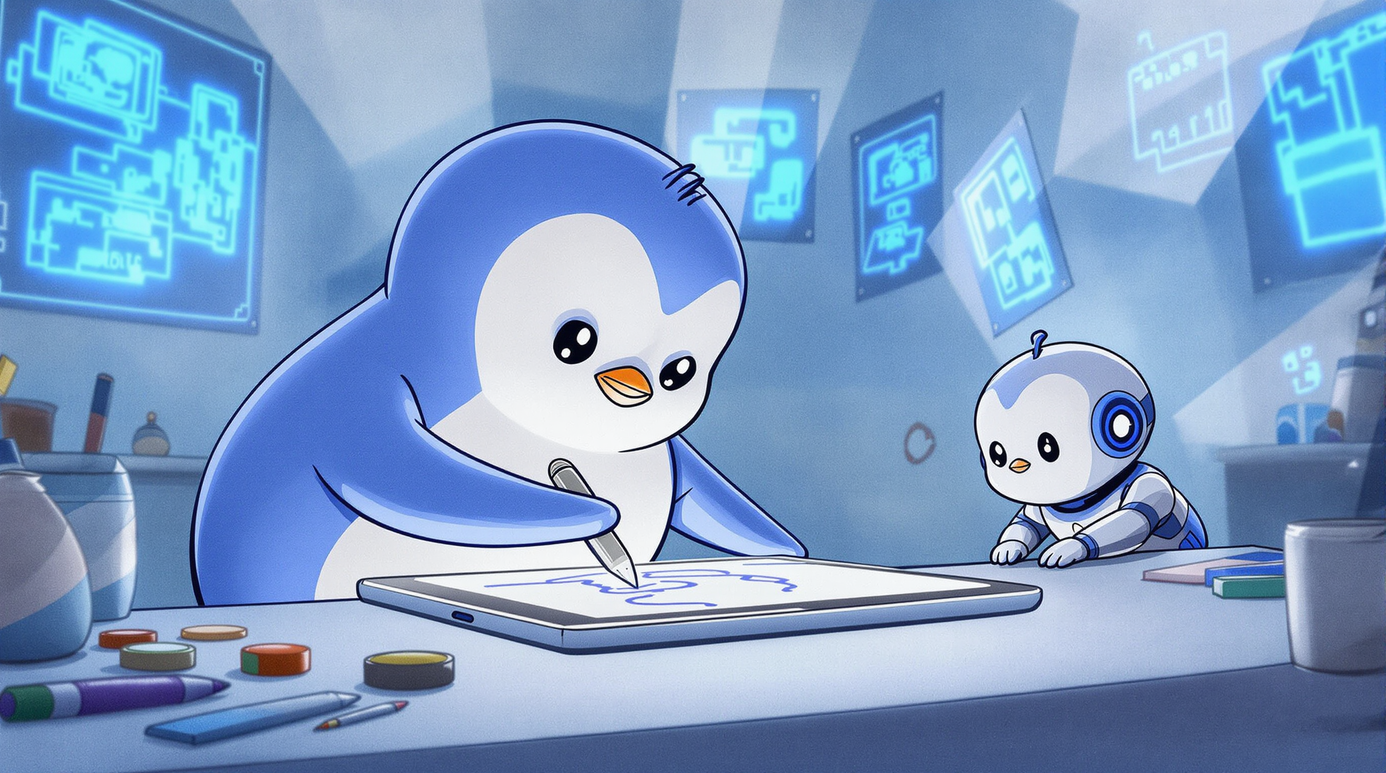 penguin drawing on ipad with a robot watching behind him