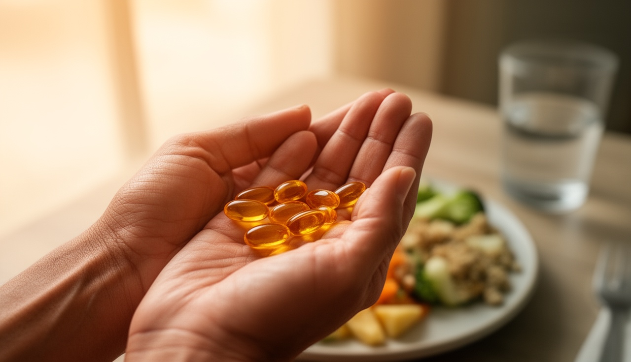 Person holding anandamide supplement capsules with morning routine