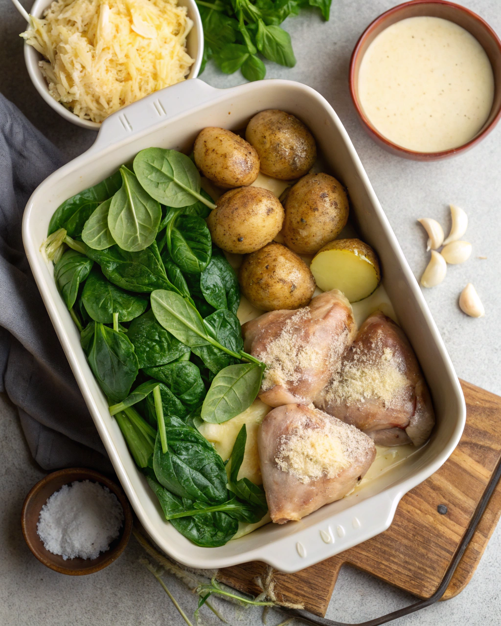 Fresh ingredients for Chicken and Potatoes with Garlic Parmesan Cream Sauce arranged on marble countertop
