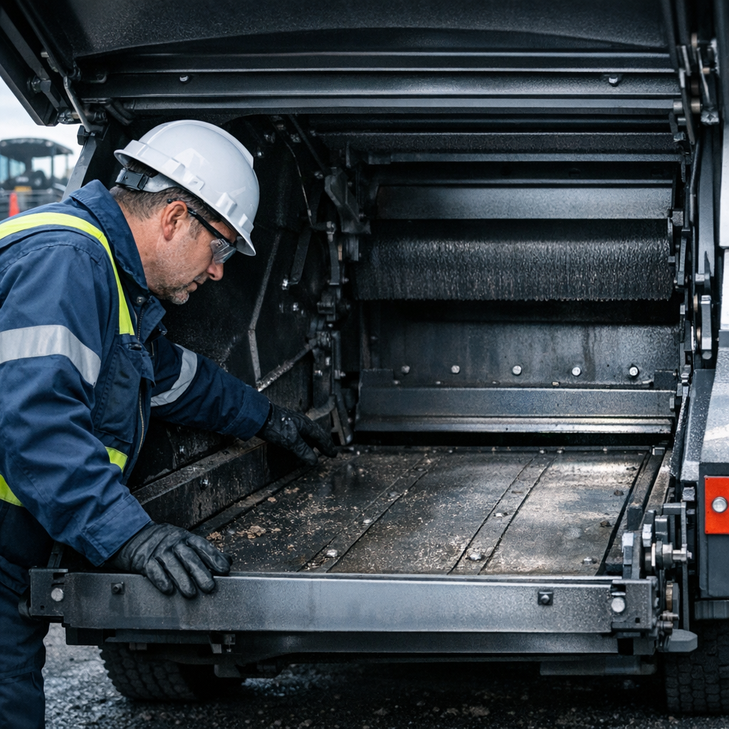 Mid-article, photorealistic image of a worker inspecting the open hopper of a mechanical street sweeper, close-up three-qu...