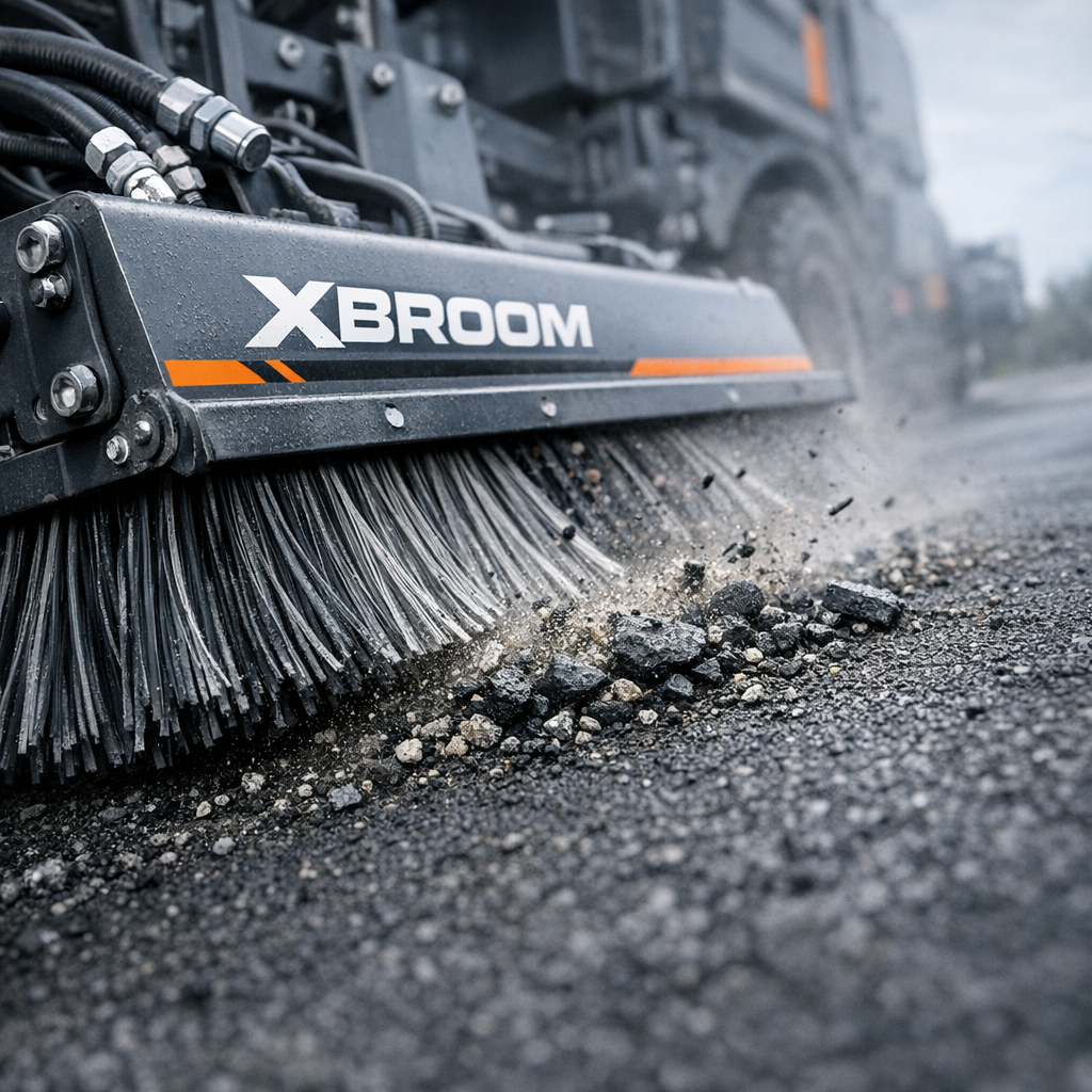 Close-up photorealistic shot of an XBroom mechanical broom head sweeping fresh asphalt, professional and trustworthy mood,...