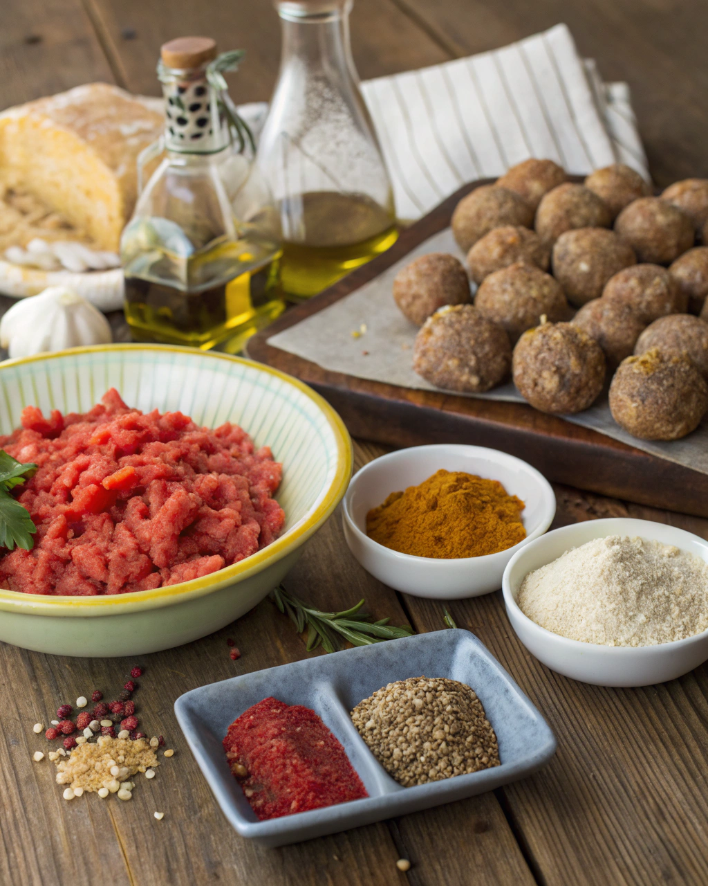 Fresh ingredients for Soutzoukakia Smyrneika arranged on marble surface with vibrant red tomatoes and aromatic spices