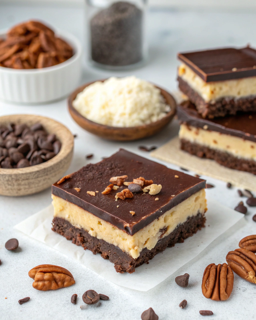Fresh ingredients for keto Nanaimo bars including almond flour, cream cheese, sugar-free chocolate, coconut, and nuts arranged on a marble counter