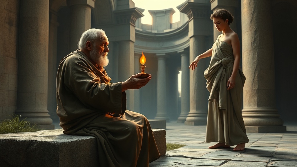 An allegorical Renaissance-style scene representing vocation passed from elder to younger figure