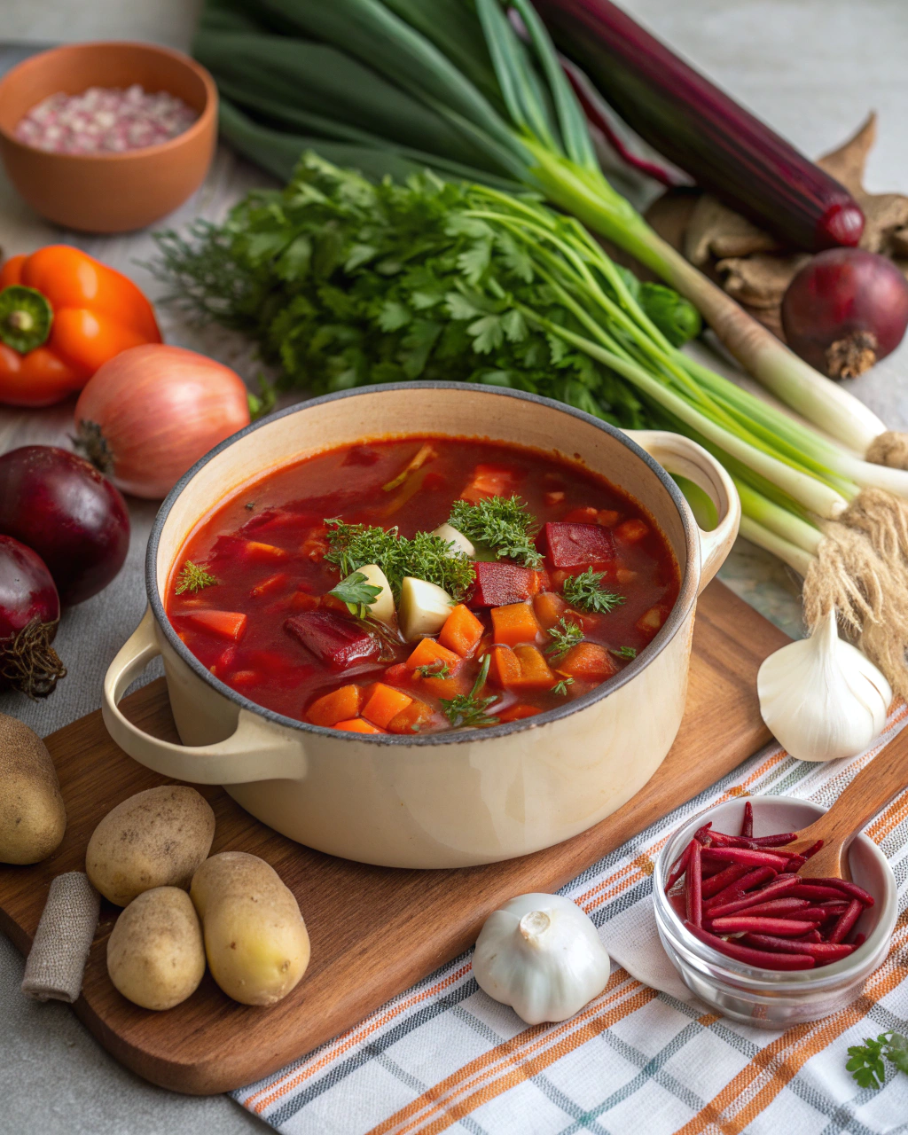 Fresh ingredients for classic borscht recipe including grated beets, diced vegetables, and herbs arranged on wooden cutting board