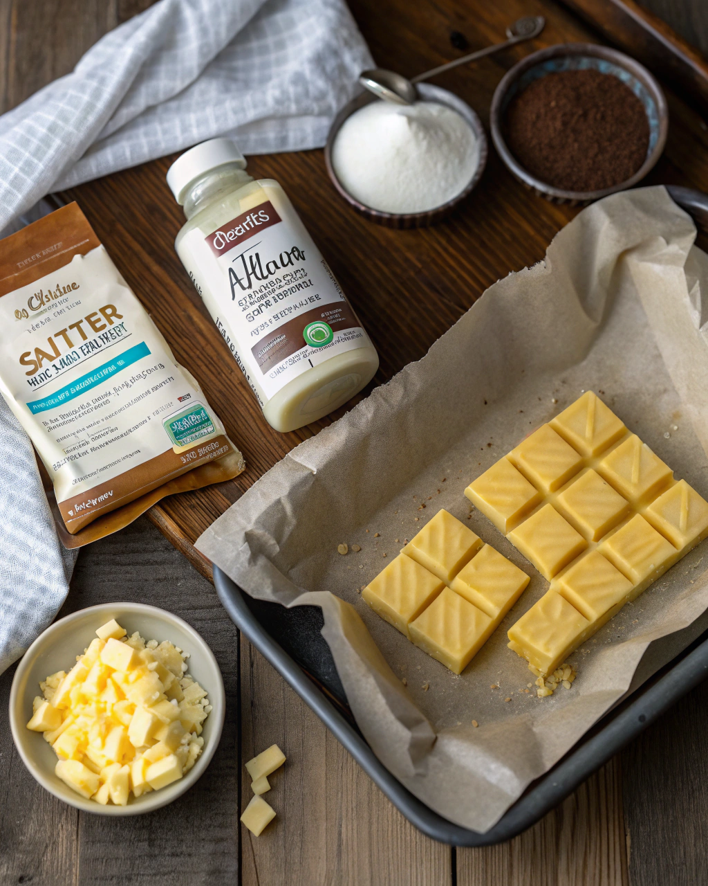 3-ingredient keto candy ingredients including butter, allulose sweetener, and heavy cream arranged on a kitchen counter