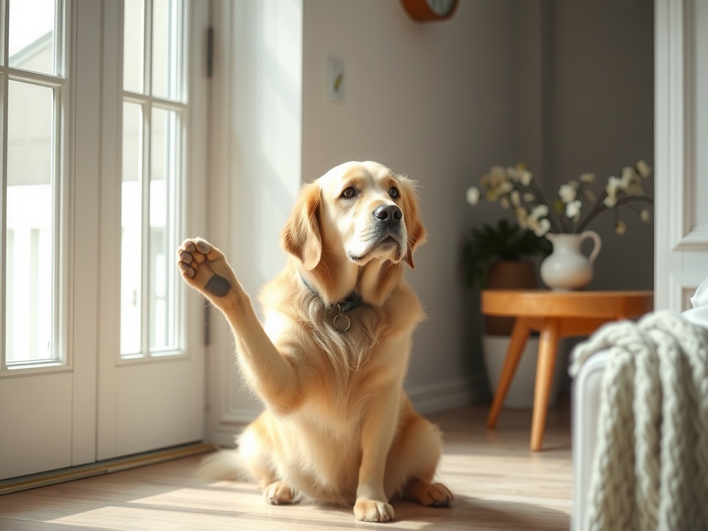 문을 통해 나가는 보호자를 따라가려는 불안한 강아지의 모습