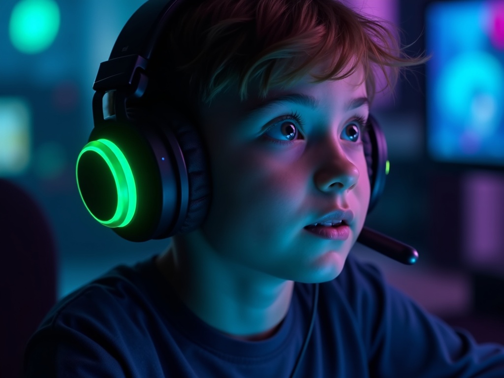 Un gamer concentrado usando los PHOINIKAS Cascos Gaming Inalámbricos en su setup iluminado.