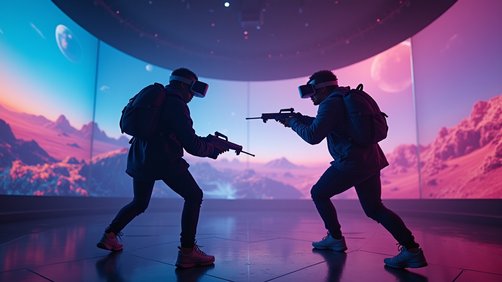 Jugador equipado con gafas VR y mandos, listo para la acción en Virtua Barcelona