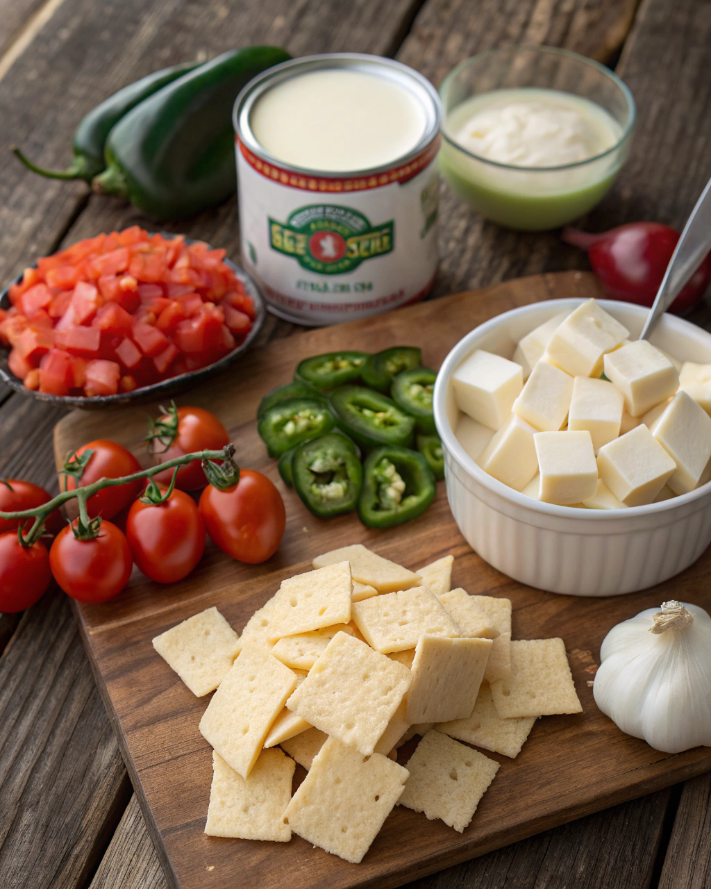 Fresh ingredients for queso blanco including white American cheese cubes, diced onions, garlic, and green chiles arranged on a wooden cutting board
