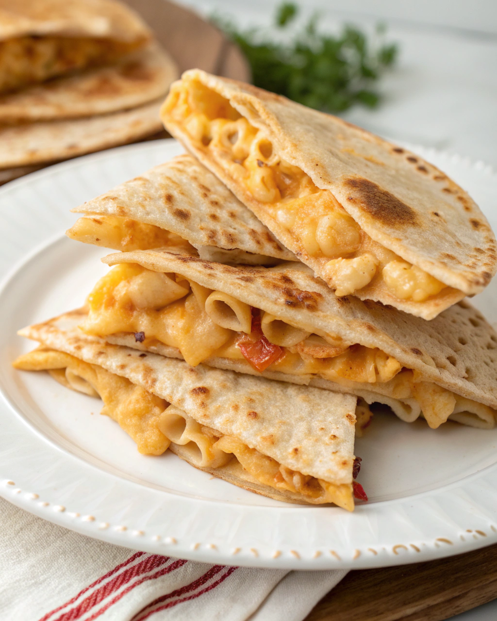 Mac and cheese quesadilla ingredients artfully arranged on marble surface with golden tortillas and creamy macaroni