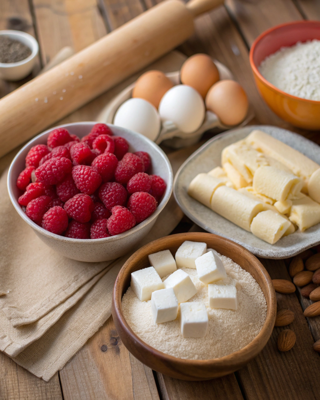 Bakewell slice ingredients arranged on a marble countertop including flour, butter, eggs, raspberry jam, and sliced almonds