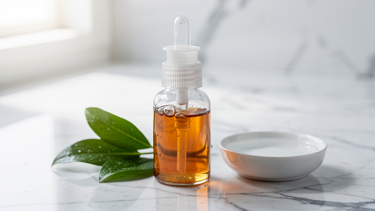 Professional nasal spray bottle on marble surface