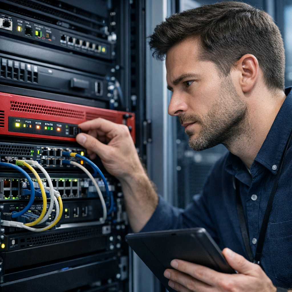 Network System Solutions | Best Business Network Security Solutions Arizona, Secure Now Photorealistic image of an IT technician in a modern office server closet checking a rack-mounted firewall and switches, p...