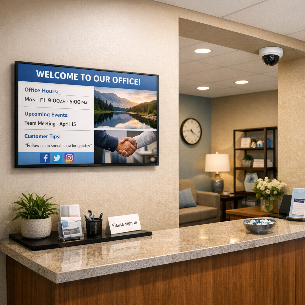 Network System Solutions | Best Business Network Security Solutions Arizona, Secure Now Illustrative photorealistic scene of a small business reception area with a visible wall-mounted digital signage screen an...