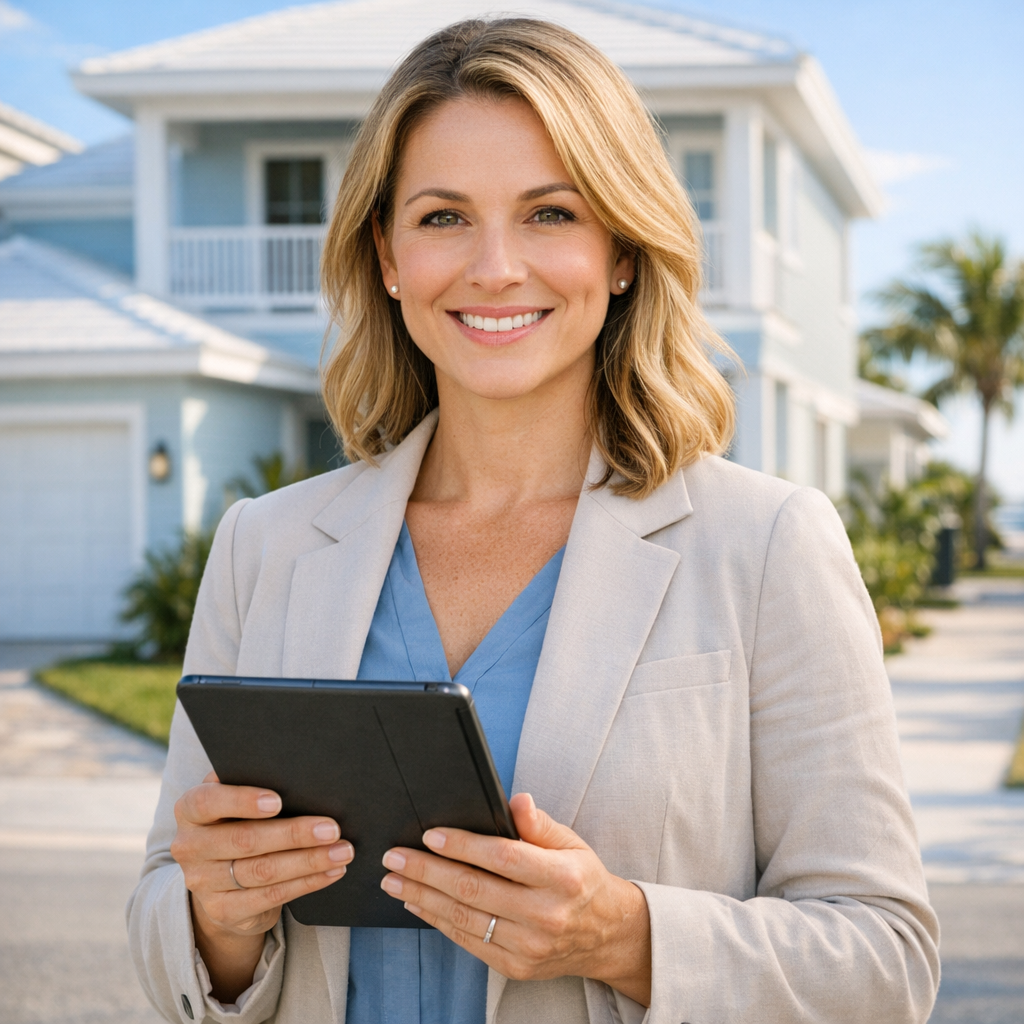 Close-up photorealistic shot of a property manager holding a tablet in front of a Riviera Beach single-family home, modern...
