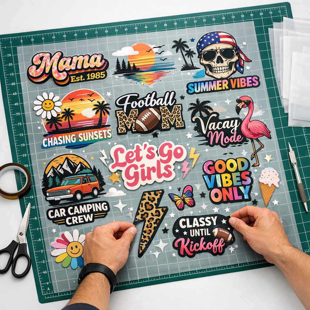 Close-up photorealistic image of a middle-of-article scene showing a person arranging multiple colorful transfer designs o...