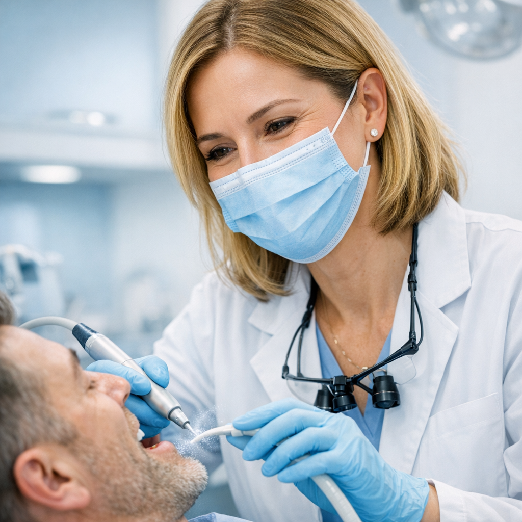 Photorealistic mid-shot of a female dentist performing a routine dental cleaning on an adult patient in a modern operatory...