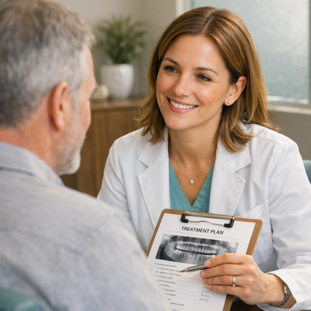 Photorealistic image of a smiling female dentist reviewing a treatment plan with a middle-aged patient in a modern consult...