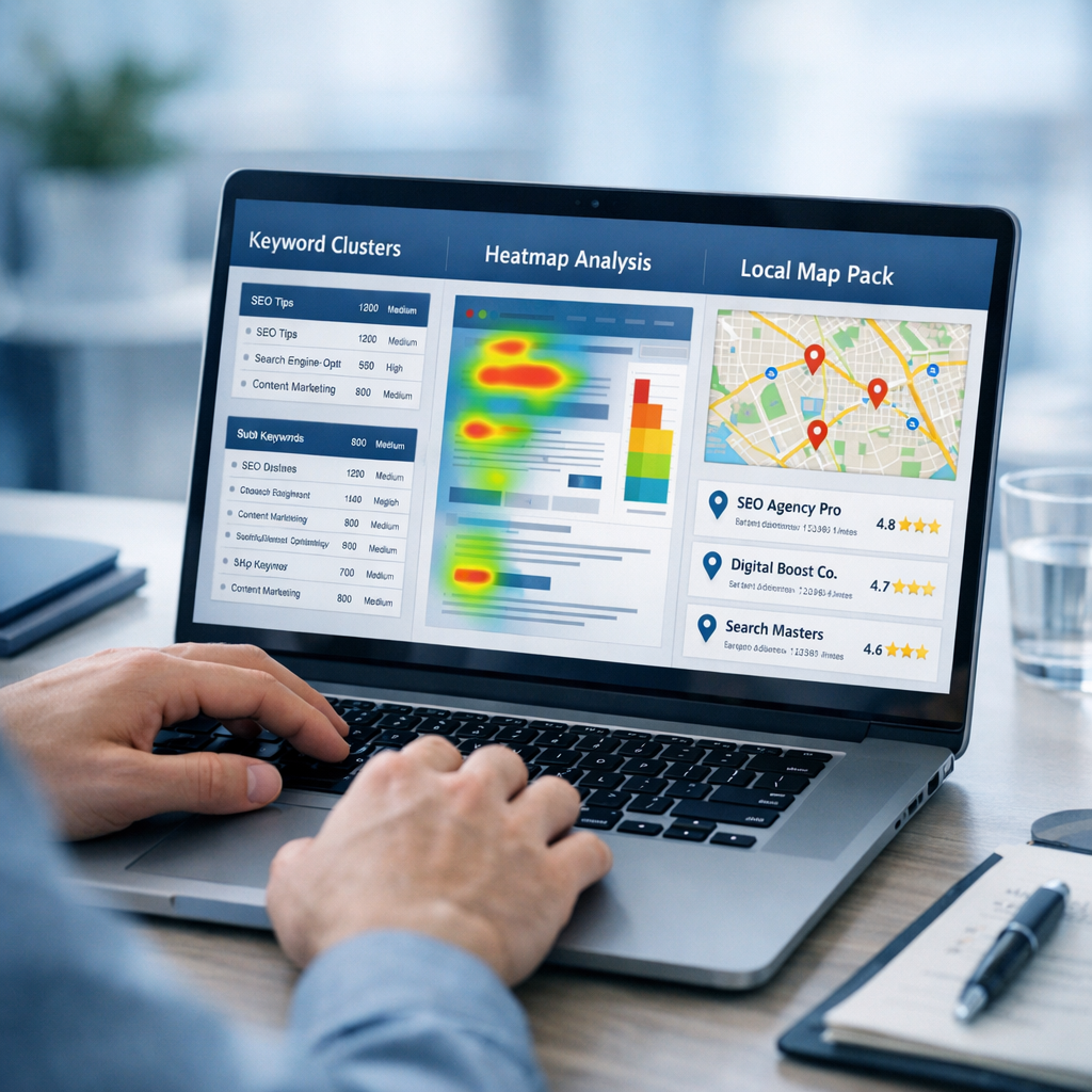 Phoenix B2B Digital Strategy: Grow Leads with GEO AI SEO Now 2 Photorealistic mid-article image of a marketer working on a laptop with an open dashboard showing keyword clusters, heatma...