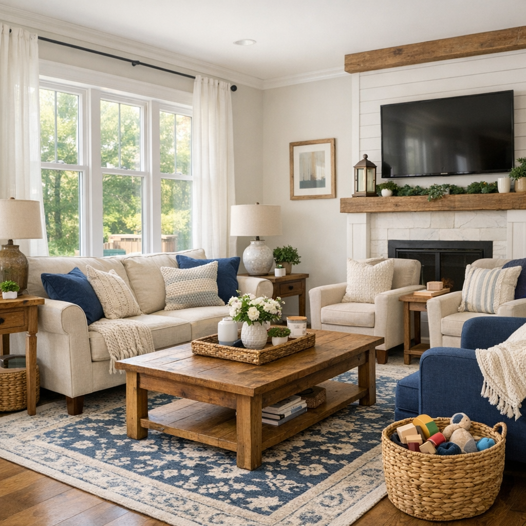 Photorealistic interior shot of a premium St. Charles short term rental living room, modern farmhouse style, natural light...