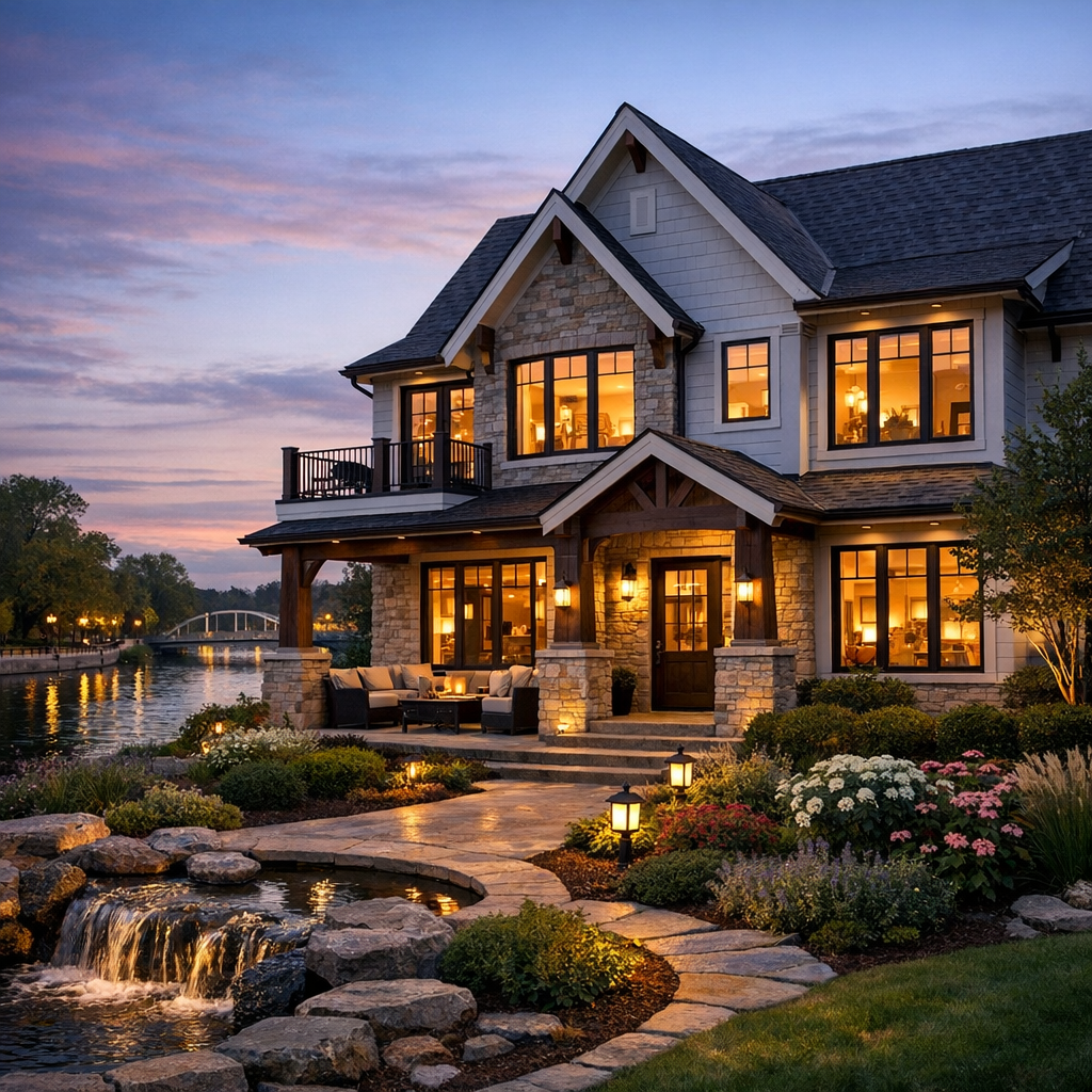 Photorealistic exterior shot of a luxury rental near St. Charles riverwalk, dusk lighting, tasteful landscaping, warm inte...