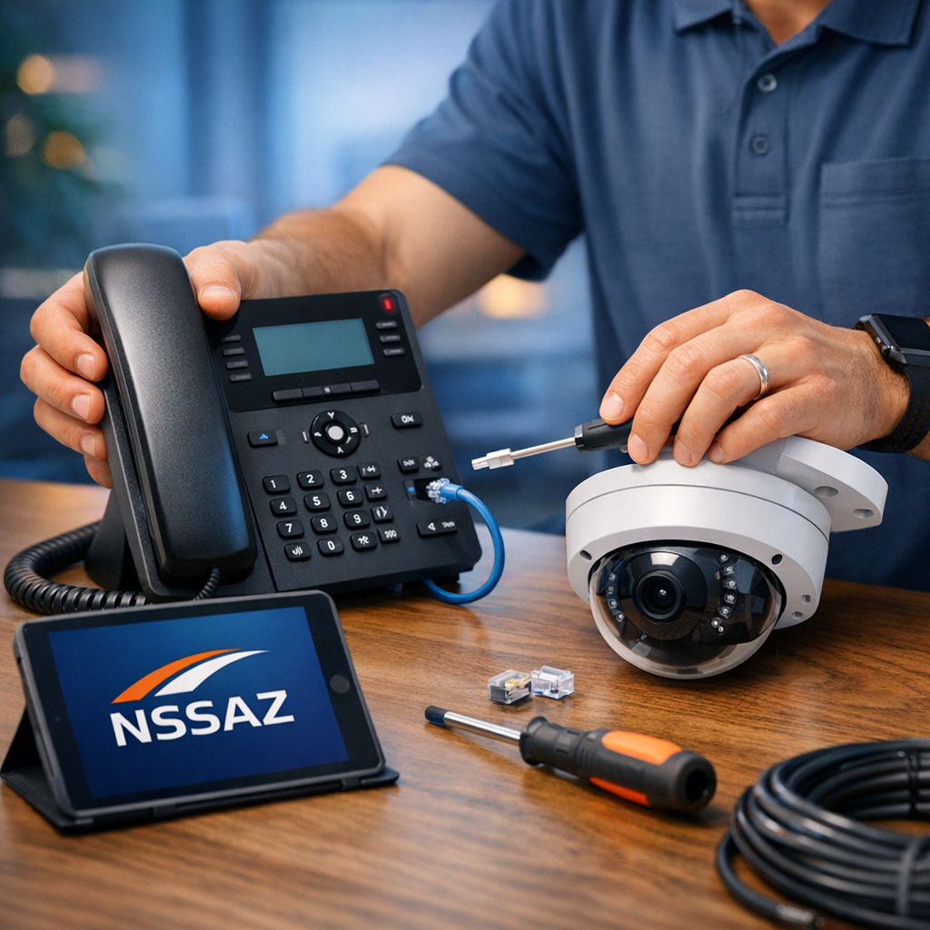 Network System Solutions | One Stop IT Solution for My Small Business, Arizona MSP Photorealistic medium shot, modern office technician installing a VoIP phone and security camera, professional and approac...
