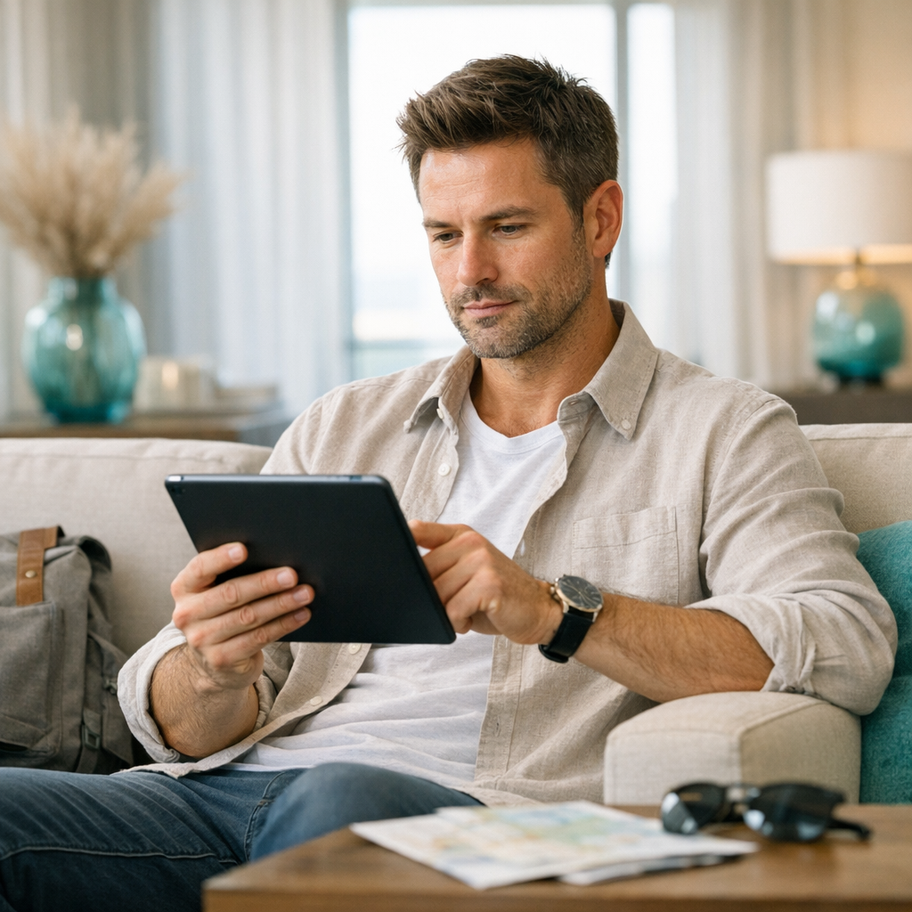 Mid-level shot of a traveler checking a modern tablet in a bright, stylish living room inside a luxury condo, photorealist...