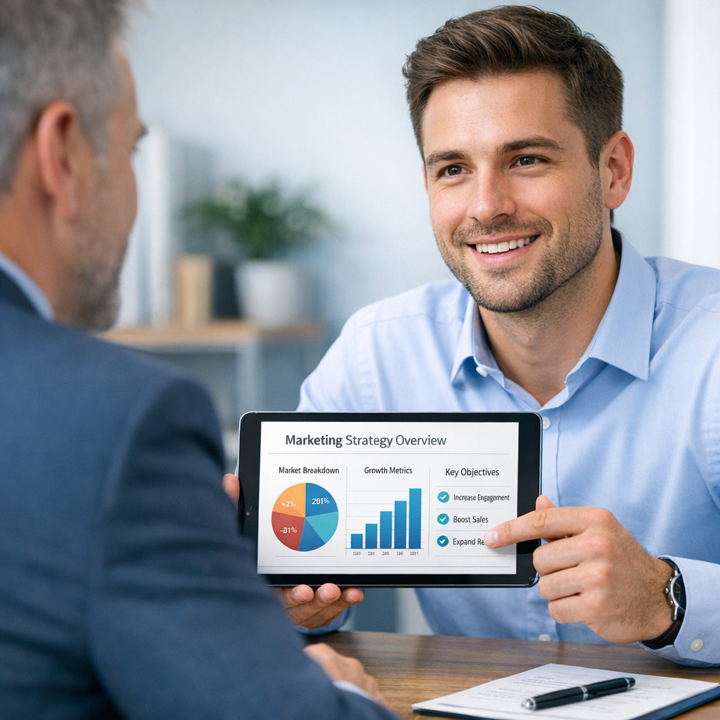 Mid-article photorealistic scene of a hiring manager interviewing a candidate in a light, professional office; candidate p...