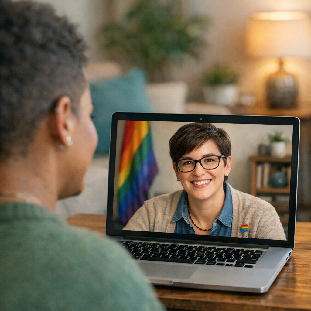Photorealistic mid-shot showing a single clinician on a laptop screen smiling warmly while a diverse client sits in a cozy...