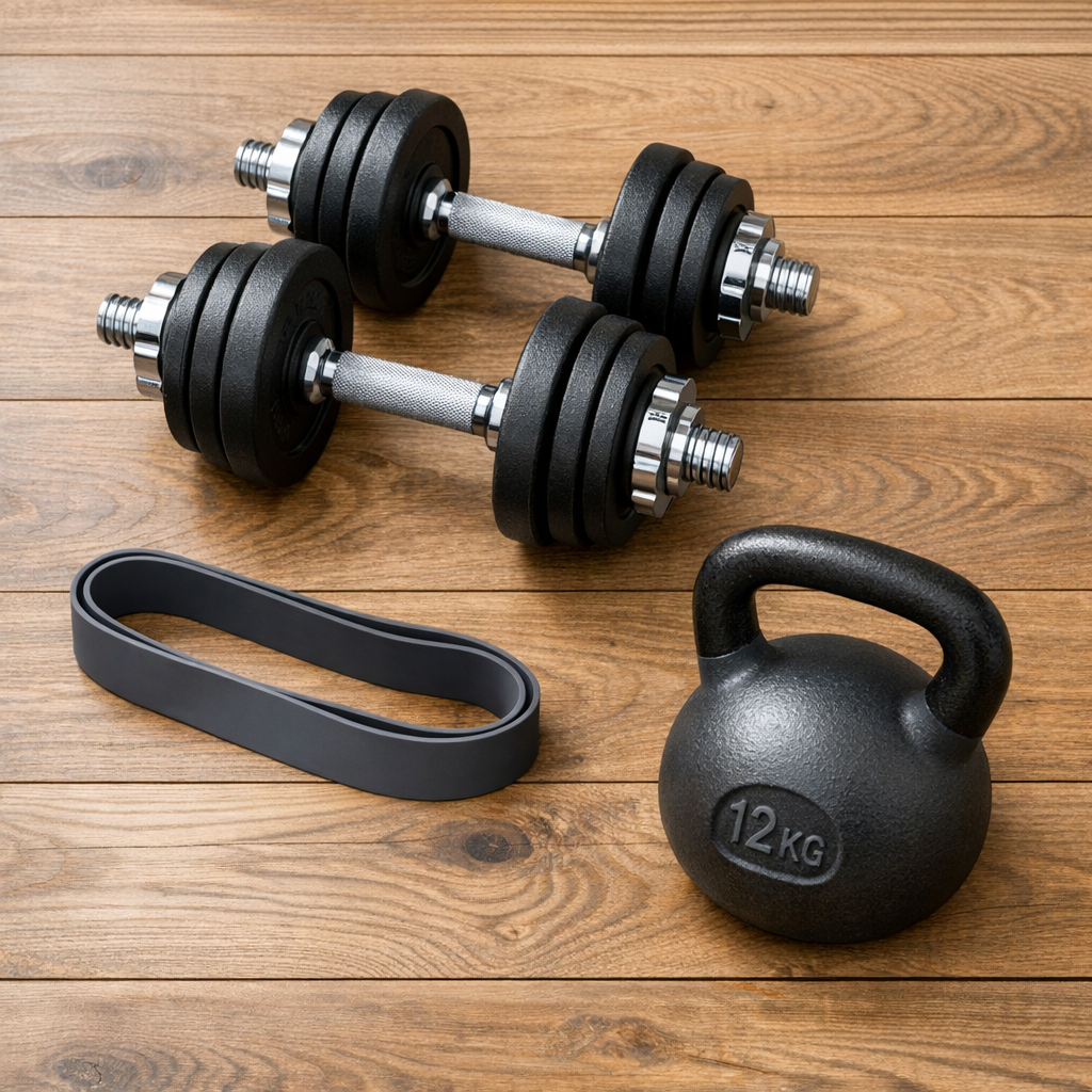 Photorealistic in-content photo showing a small set of home equipment: two adjustable dumbbells, a loop resistance band, a...