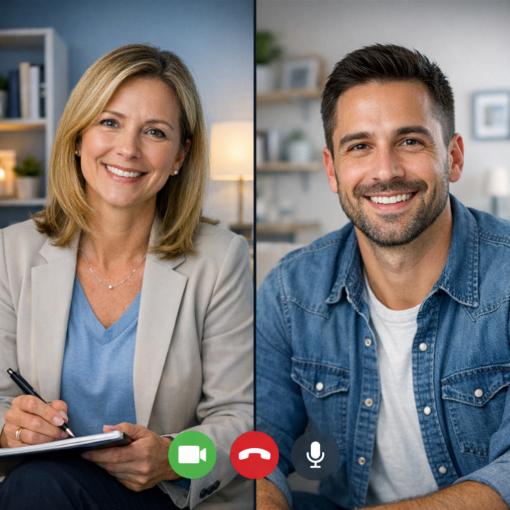 Close-up photorealistic scene of a therapist and client on a secure video call, split-screen composition, friendly and pro...