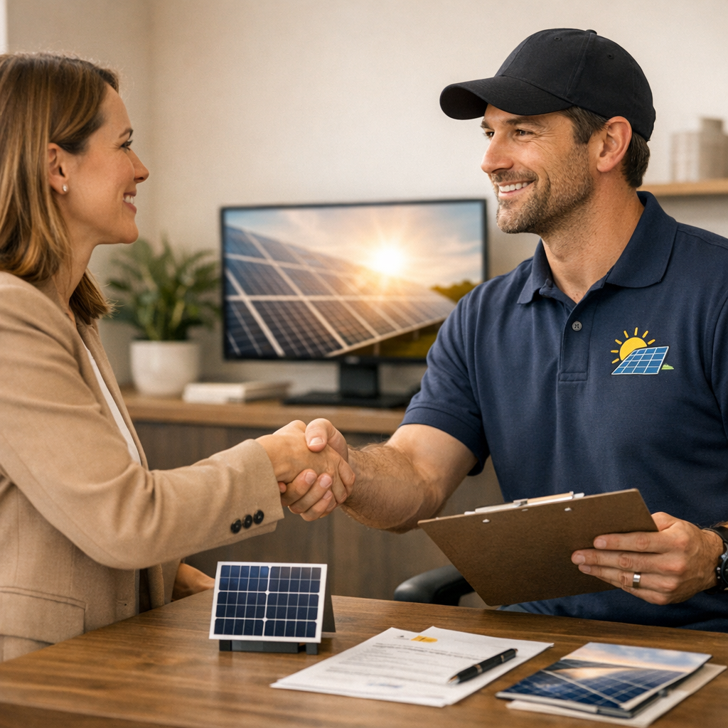 Independent Solar | Commercial Solar Installer Reputation Check: 7 Steps to Verify Professional stock-style scene showing a dealer handshake between a company representative and a solar dealer in an office...