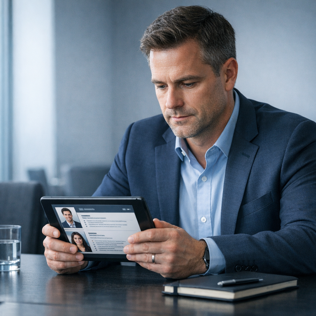 A photorealistic mid-shot of a recruiter in a quiet conference room reviewing candidate profiles on a tablet, modern minim...