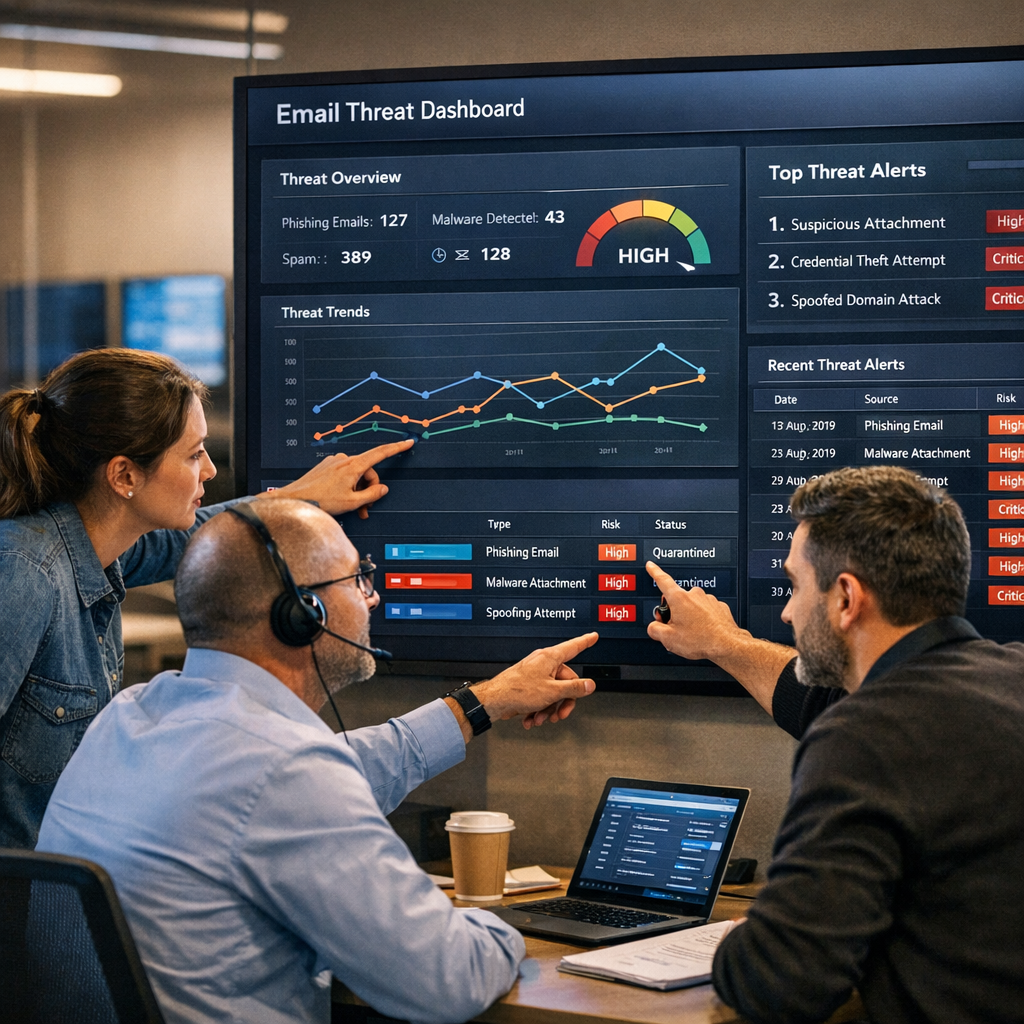 Photorealistic in-content image of an IT security team reviewing an email threat dashboard on a large monitor, modern offi...