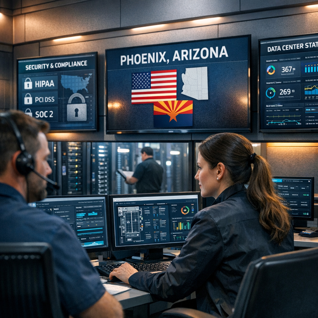 Photorealistic scene of a Phoenix data center control room with technicians monitoring racks and dashboards, clean industr...