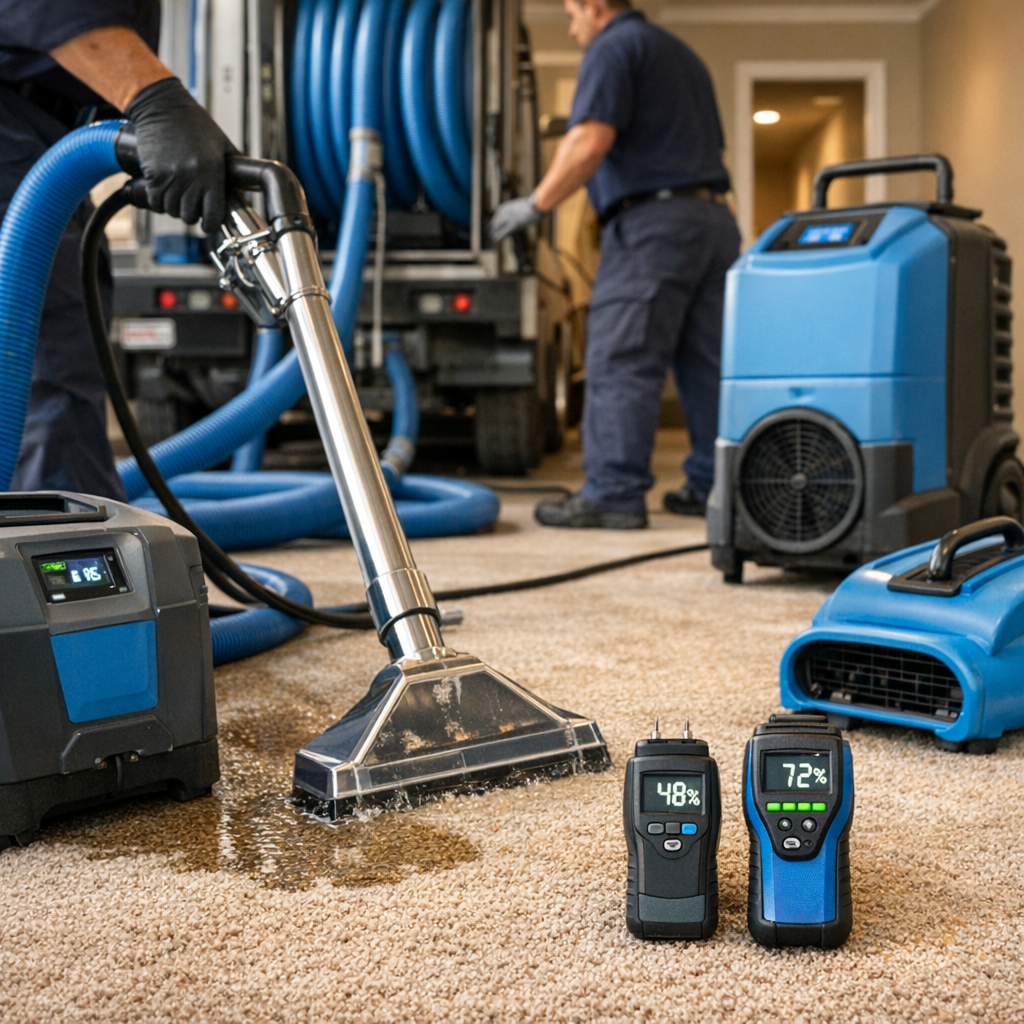 Photorealistic mid-article photo of technicians using truck-mounted water extractors and industrial dehumidifiers in a fin...