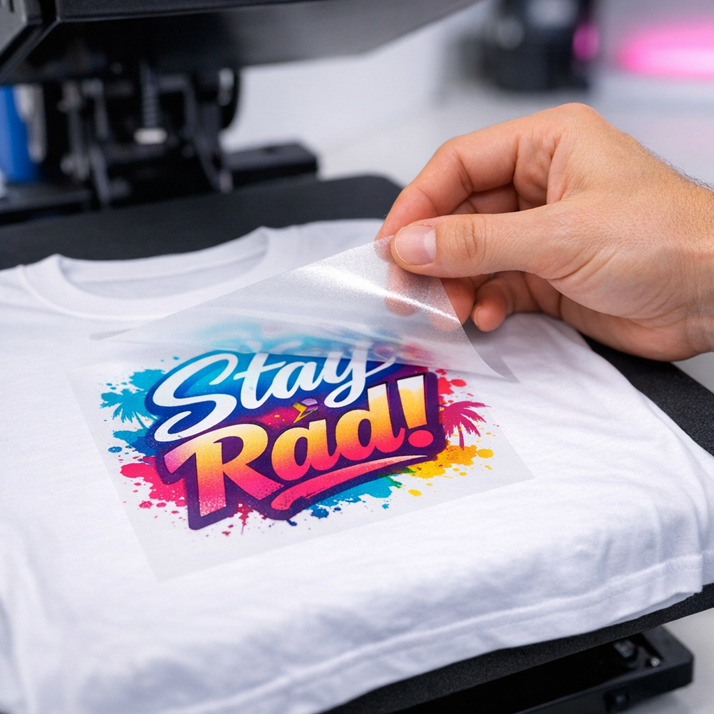 Close-up photorealistic shot of a hand placing a colorful DTF transfer onto a white T-shirt on a heat press platen. Modern...