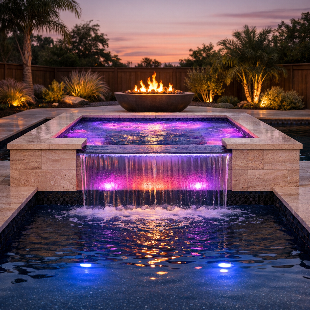 Photorealistic mid-shot of a recently remodeled backyard showing an elevated spa spilling into a geometric pool, dark pebb...