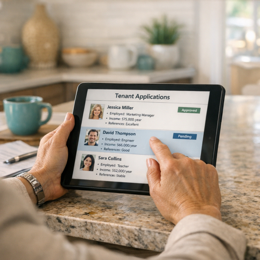 Mid-article photorealistic scene of a property manager reviewing tenant applications on a tablet while sitting at a kitche...