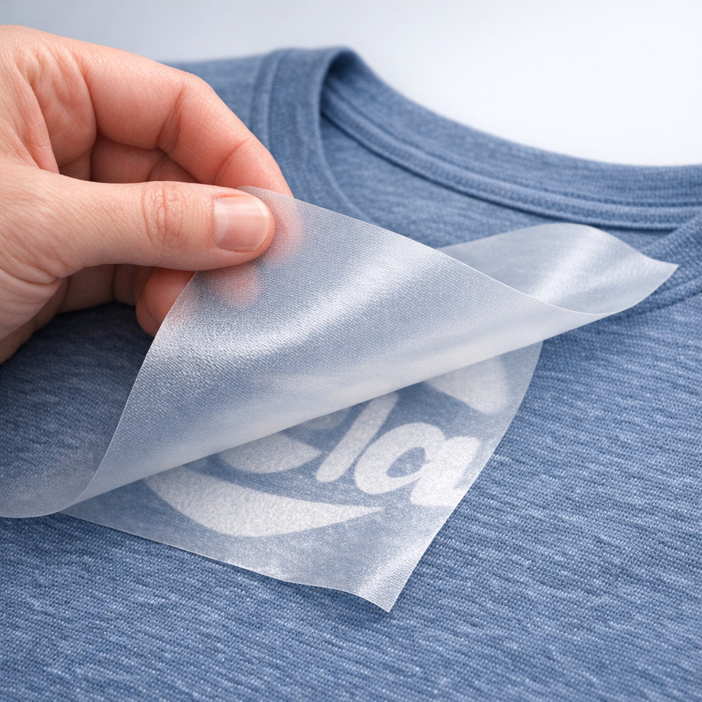 Close-up photorealistic shot showing a hand holding a Teflon sheet over a pressed polyester tee, visible textured knit of ...