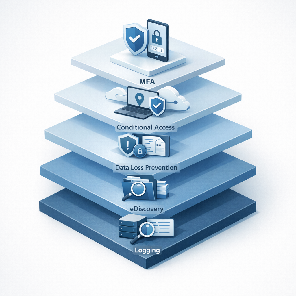 Isometric photorealistic illustration of layered security controls for Microsoft 365, showing icons for MFA, Conditional A...