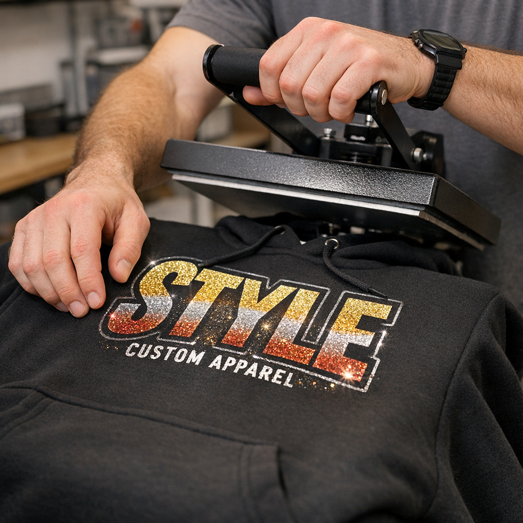 Photorealistic mid-shot showing a technician using a heat press on a glitter DTF transfer applied to a black hoodie, close...